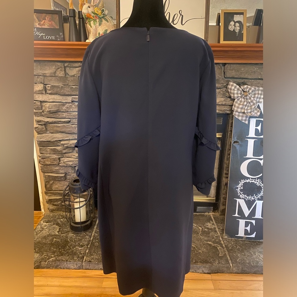 Lafayette 148 New York Navy Ruffle-Accent Long Sleeve Shift Dress - Picture 3 of 9